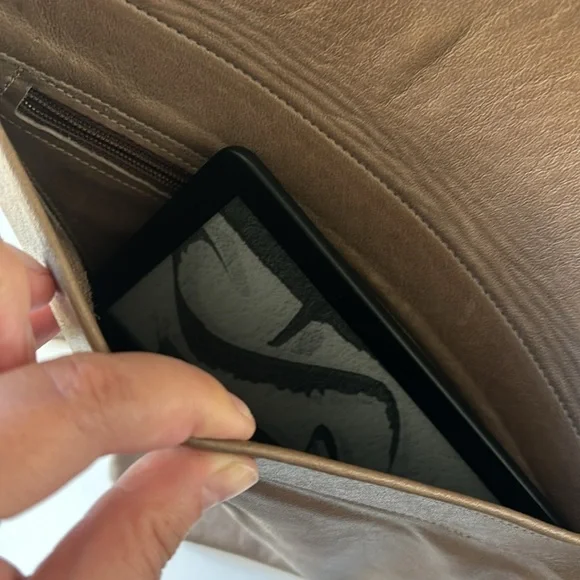 Leather Kindle Ready | latte colored triangle shaped handmade crossbody - Picture 8 of 13